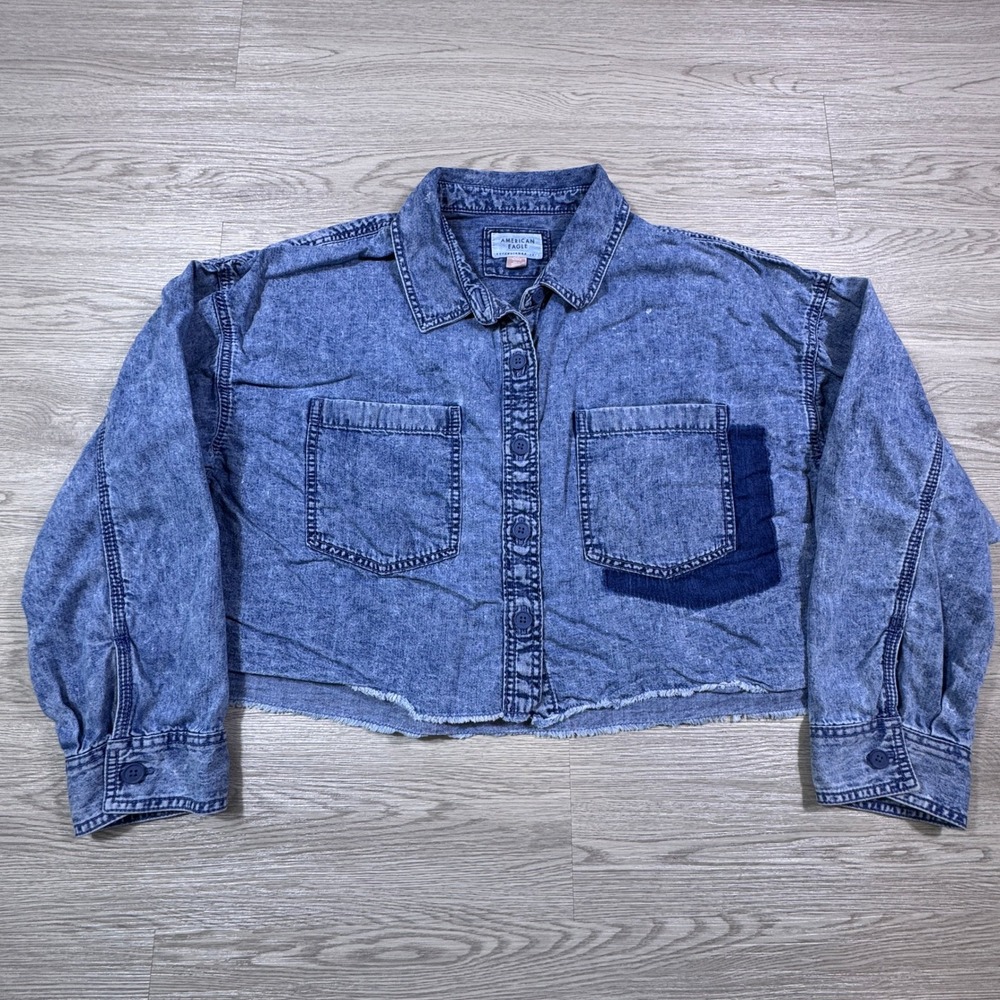 American‎ Eagle Women Denim Shirt Cropped Acid Wash Blue L/XL Raw Hem Boxy Top